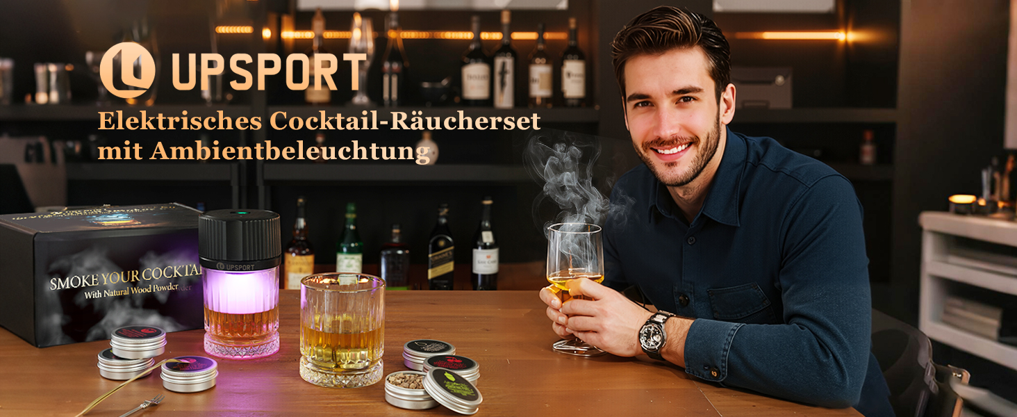 Набір для копчення віскі: 6 смаків дерев'яної стружки, 2 склянки, 2 кубики льоду, аксесуари для коктейлів, копчення напоїв, бурбон, кава, м'ясо