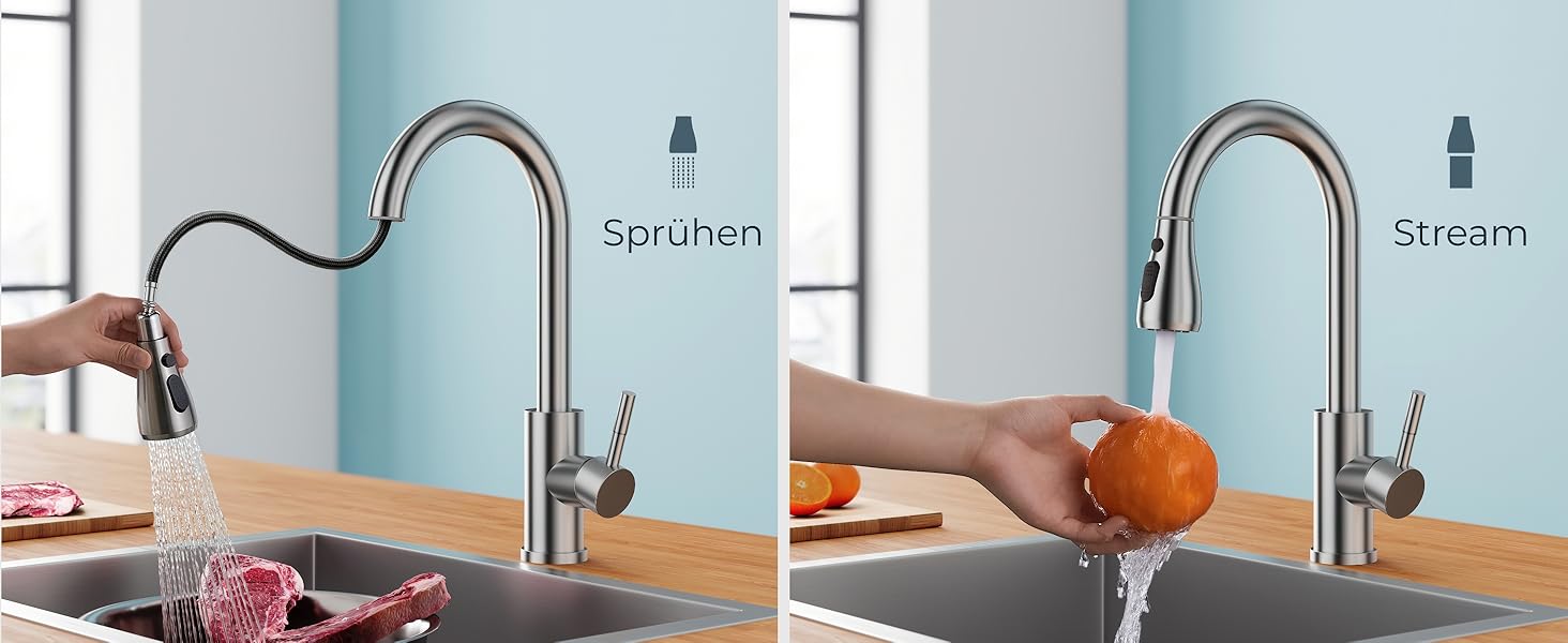 Змішувач для кухні FORIOUS з висувною лійкою, 360° обертання, 2 режими, нержавіюча сталь