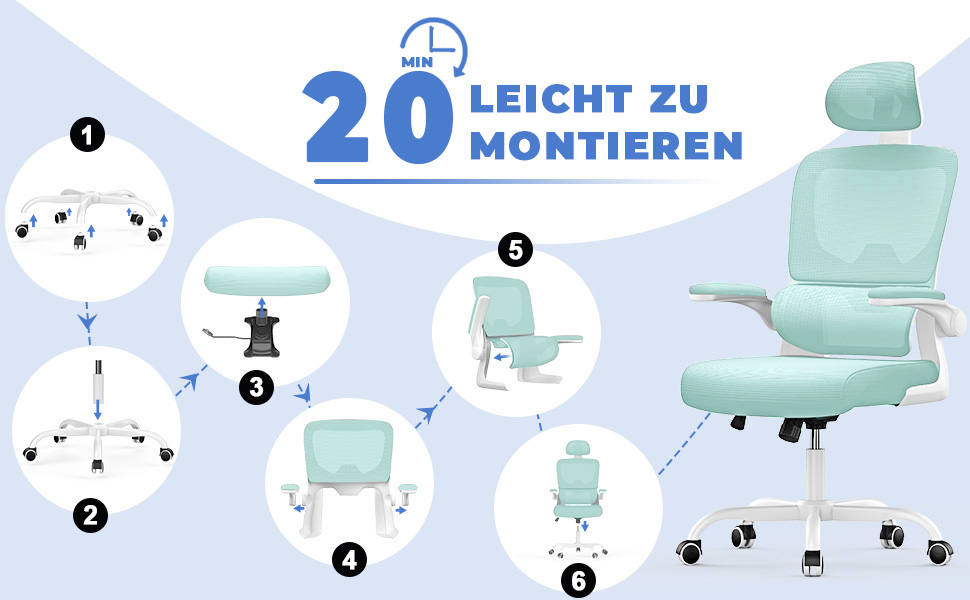 Офісне крісло Naspiro, ергономічне з регульованою підголовником, підлокітниками, підтримкою попереку, поворотне з дихаючою сіткою, для дому/офісу, зелене