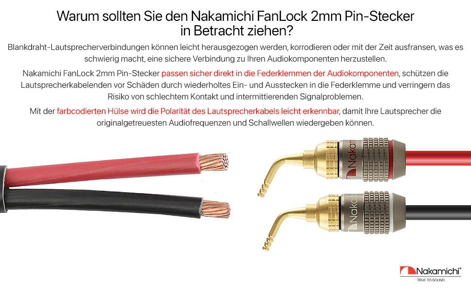 Бананові роз'єми Nakamichi FanLock Excel-Serie, 24K позолочені штекери 2мм для акустичних кабелів Hi-Fi, 10-18 AWG, 4мм, 4 шт (2 пари)