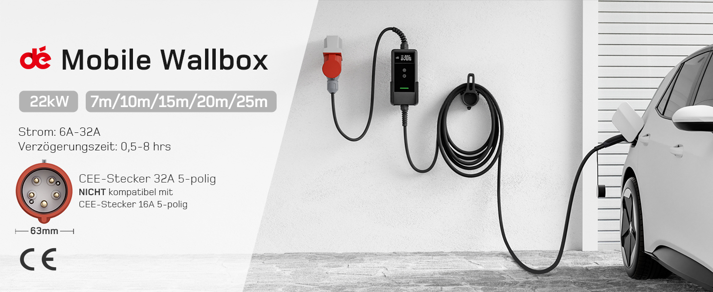 Зарядна станція для електромобілів Dé 11 кВт (3 фази, 6-16A) з регульованою потужністю, кабель CEE 16A - Type 2, сумісна з Model Y/3, ID.3/4/5, MG4, EX30, e-up, e-tron та BEV/PHEV, комплект 7м