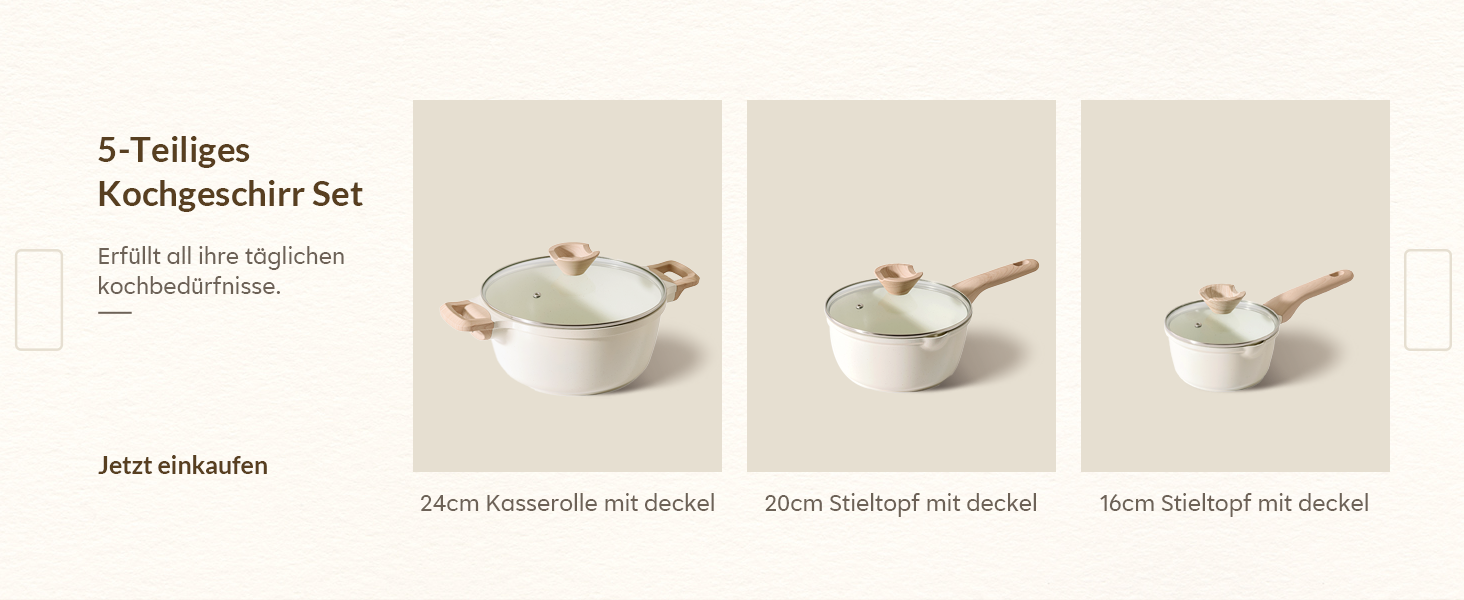 Набір посуду Kordisen з антипригарним покриттям, 5 предметів: каструлі та сковороди, кераміка, білий. Підходить для індукційних плит, без PFOA та PFAS