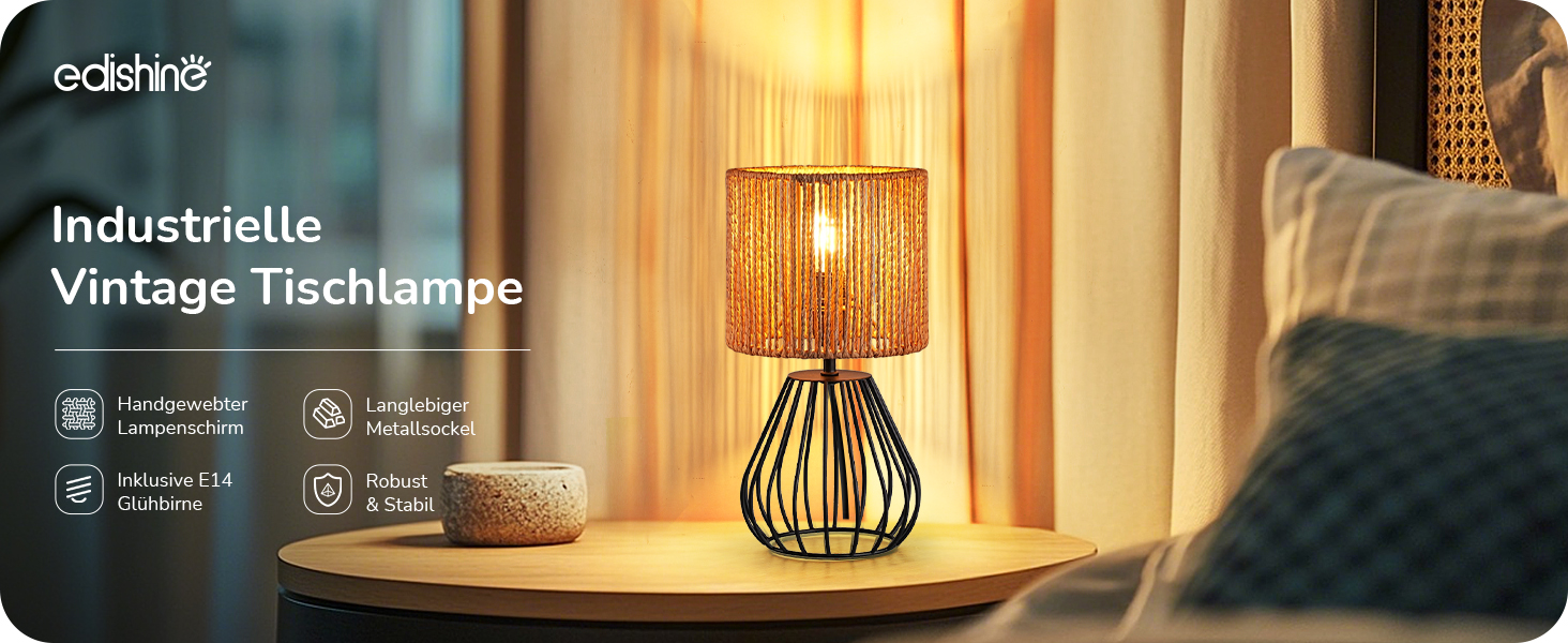 EDISHINE Настільна лампа, сучасний індустріальний дизайн, цоколь E14, вінтажна, для спальні/вітальні, бежево-чорна (тканинний кабель + чорний)