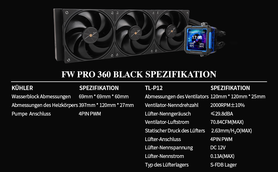 Система рідинного охолодження процесора Thermalright FW PRO 360 ARGB Black, 360мм, IPS LCD-дисплей 2.73