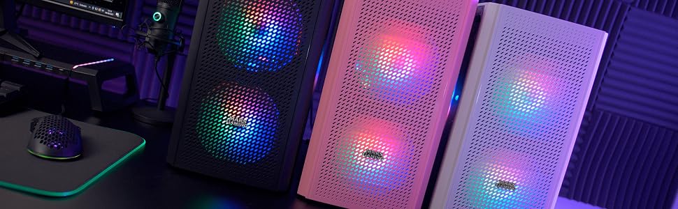 Ігровий корпус для ПК Mars Gaming MC300P MicroATX, рожевий, загартоване скло, Mesh-панель, 3x FRGB вентилятори