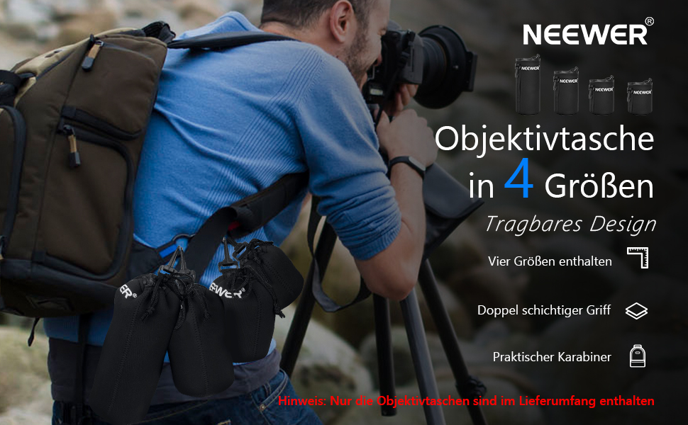 Чохол для об'єктивів Neewer 4 шт. з товстим неопреновим захистом для об'єктивів DSLR-камер (Сумісний з Canon, Nikon, Sony, Olympus, Panasonic). Розміри: Малий, Середній, Великий, XL