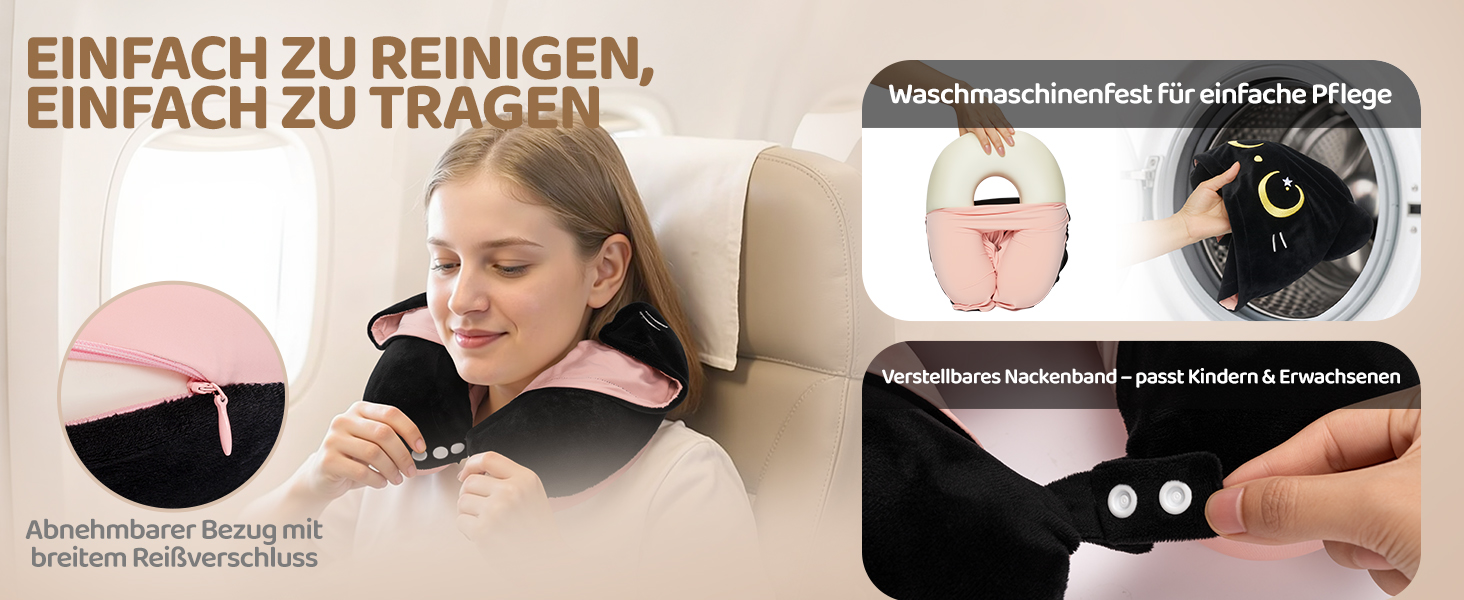 Подушка для шиї Mewaii для подорожей, двостороння подушка для дорослих, подушка для шиї з memory foam для літаків, подушка для шиї з котячою капюшоном, регульований ремінь (Рожева)