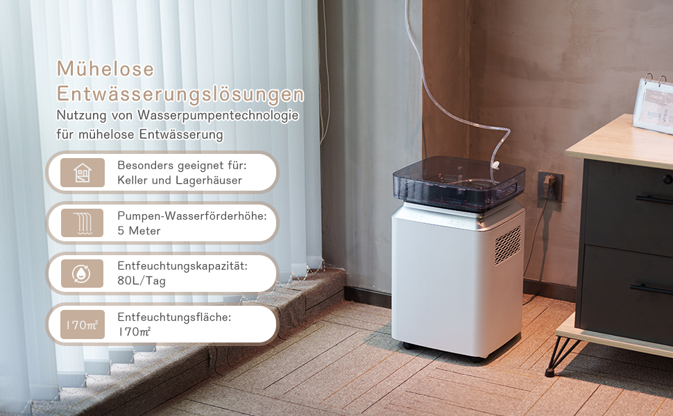 Електричний осушувач повітря 70л/день з авто-режимом та шлангом для підвалу, ванної кімнати, спальні до 150㎡. Осушувач з цифровим дисплеєм, захистом від плісняви, 360° колесами, тихий 40dB, білий (бежевий)