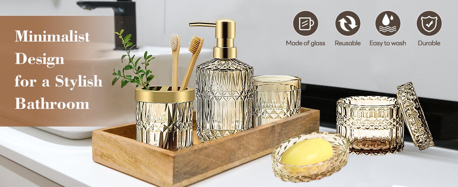 Набір аксесуарів для ванної кімнати з 5 предметів, золото, скло: диспенсер для лосьйону, мильниця, тримач для зубних щіток, стакан, ватні палички. Сучасний дизайн, вінтажний подарунок