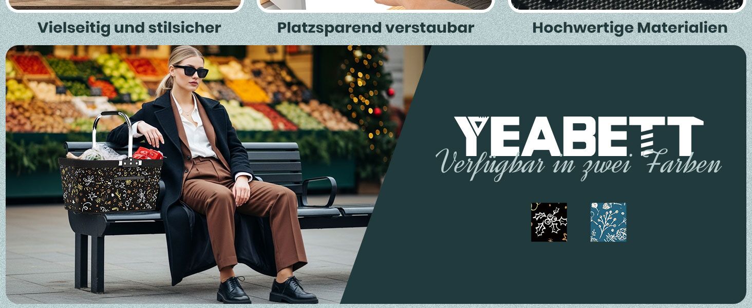 Складаний кошик для покупок на 30L з 4 стійками | Міцний кошик для перенесення та кошик для пікніка | Великий складаний кошик для сім'ї (46x27x25cm) | З м'якими ручками | Для покупок, подорожей, кемпінгу (30L, Чорний з новорічним принтом)