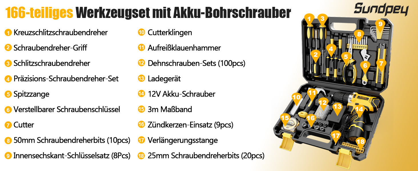 Набір інструментів Sundpey 166 шт. з акумуляторною дрилі 12V для дому, ремонту та саду (жовтий)