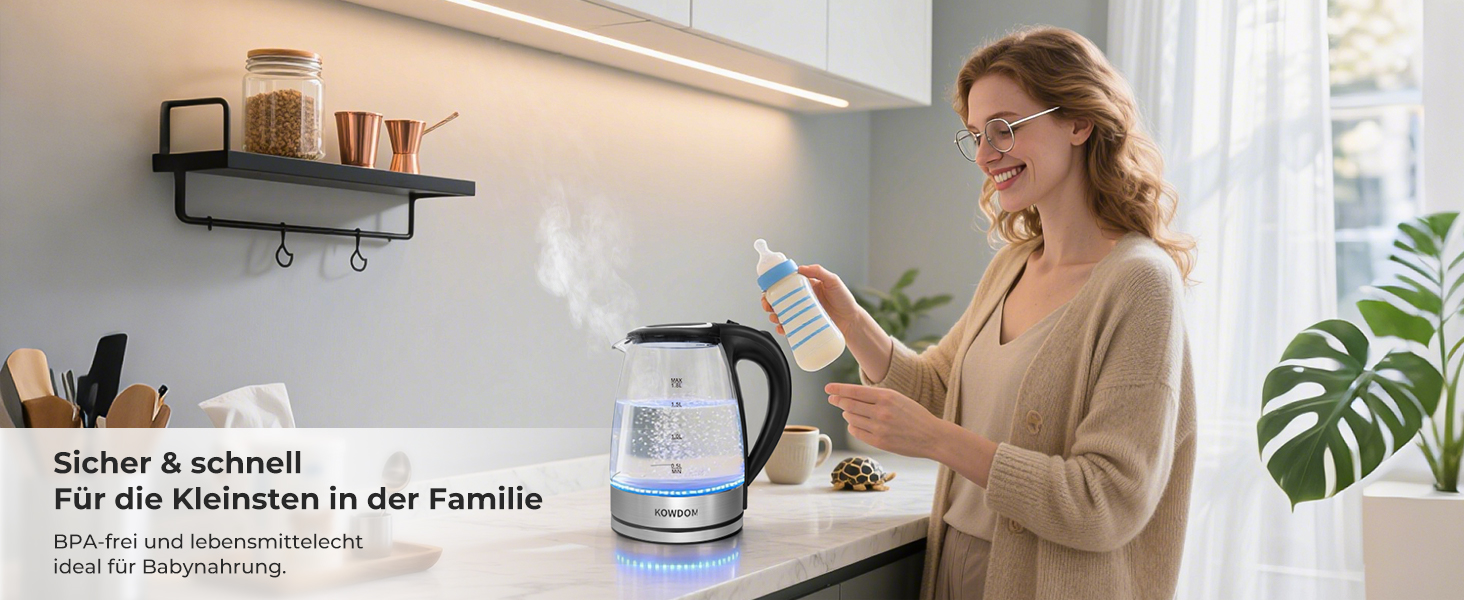 Електричний чайник Kowdom 1.8L з боросилікатного скла, BPA-free, 2200W, швидкий нагрів, автовимкнення та захист від сухого кипіння, чорний