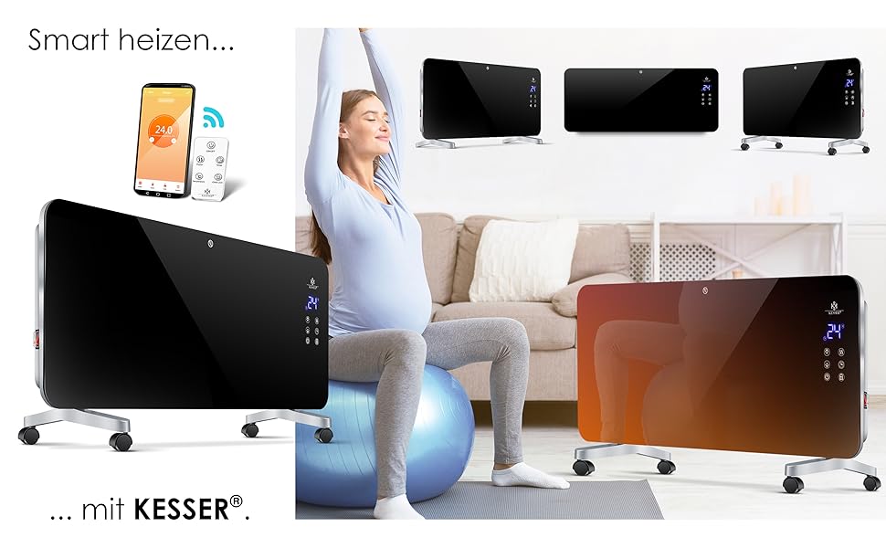Електрична скляна панельна батарея KESSER® з Wi-Fi, сенсорним екраном та пультом керування | 2000 Вт, білий/чорний | для дому та офісу