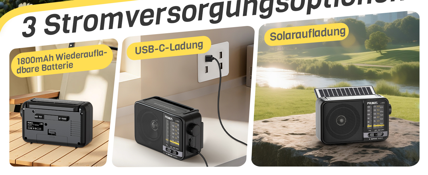 Радіоприймач PRUNUS J-25S FM/AM/SW: Портативне радіо на сонячній батареї з акумулятором 1800mAh, великий динамік, чудовий прийом, просте радіо для літніх людей