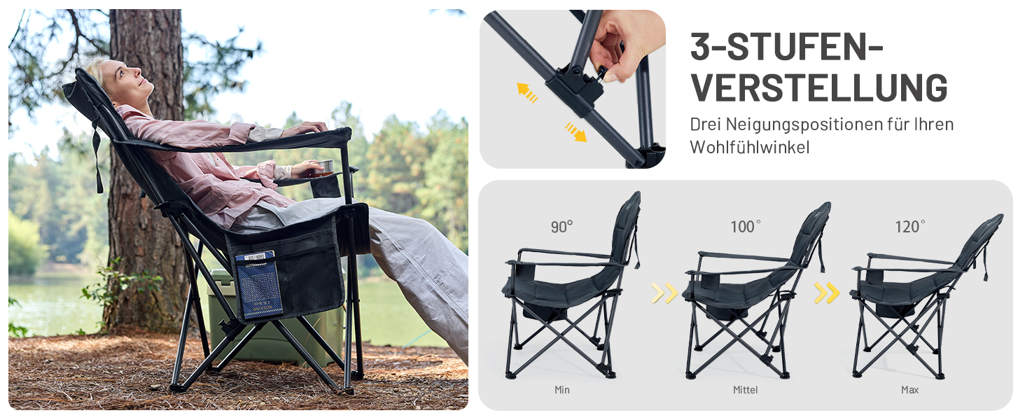 Кемпінговий стілець Timber Ridge складаний, до 180 кг, з регурованою спинкою (3 положення), підлокотниками, тримачем для напоїв та бічною кишенею, ширина сидіння 62 см