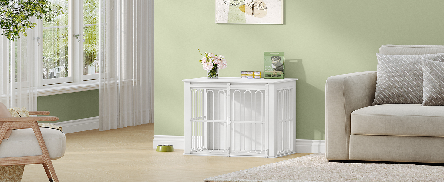 Дерев'яний вольєр для собак, 81 см, переноска для собак, клітка з 2 дверцятами, розсувні двері, для маленьких та середніх собак, міцний, з функцією столику, 81 × 55 × 62,4 см, білий