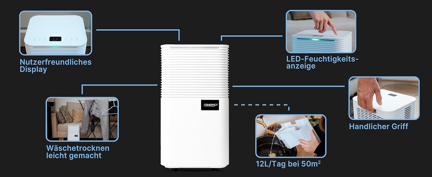 Зволожувач повітря Comedes® Demecto 12 - 12л/24г, тихий, з роликами, для дому та офісу до 25м²