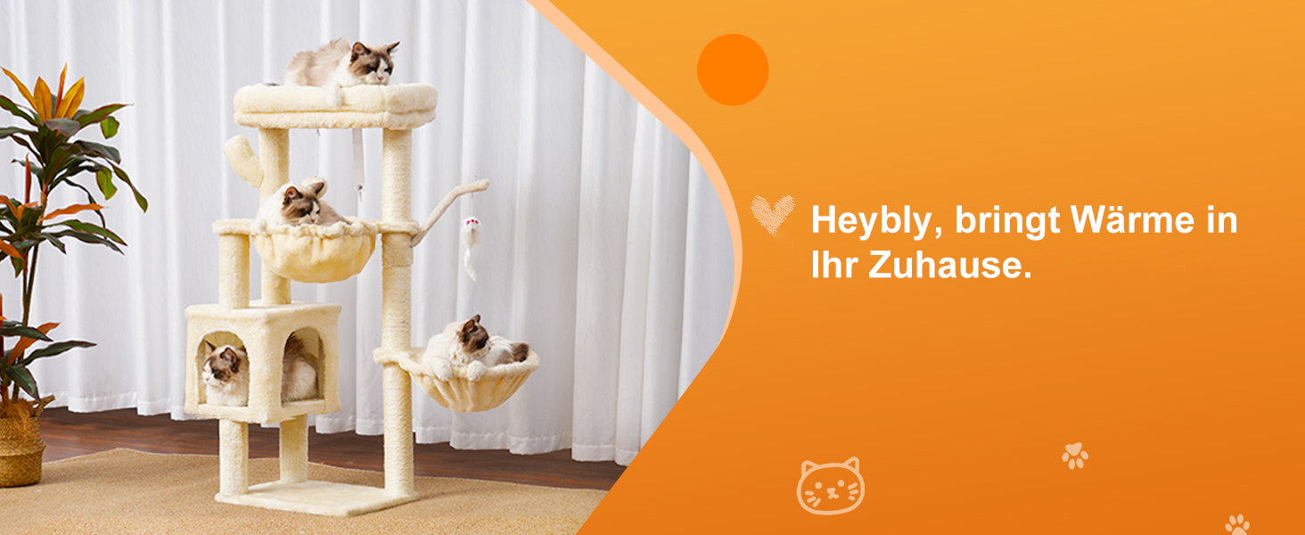 Котячий будиночок Heybly Kratzbaum: 100 см, з платформою, печерею, 2 гамаками та іграшками. Активний котячий будиночок, HCT006SG (Бежевий)