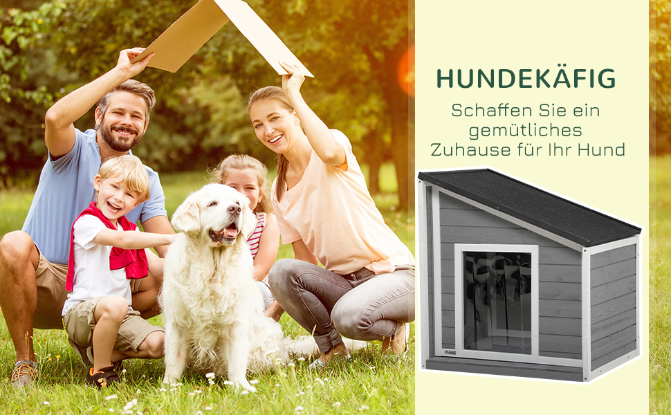 Дерев'яний вольєр для собак PawHut - Будинок для собак з відкриваючим дахом та шторкою на дверях, вулиця, стійкий до погодних умов, сірий, 71 x 58 x 53/77 см