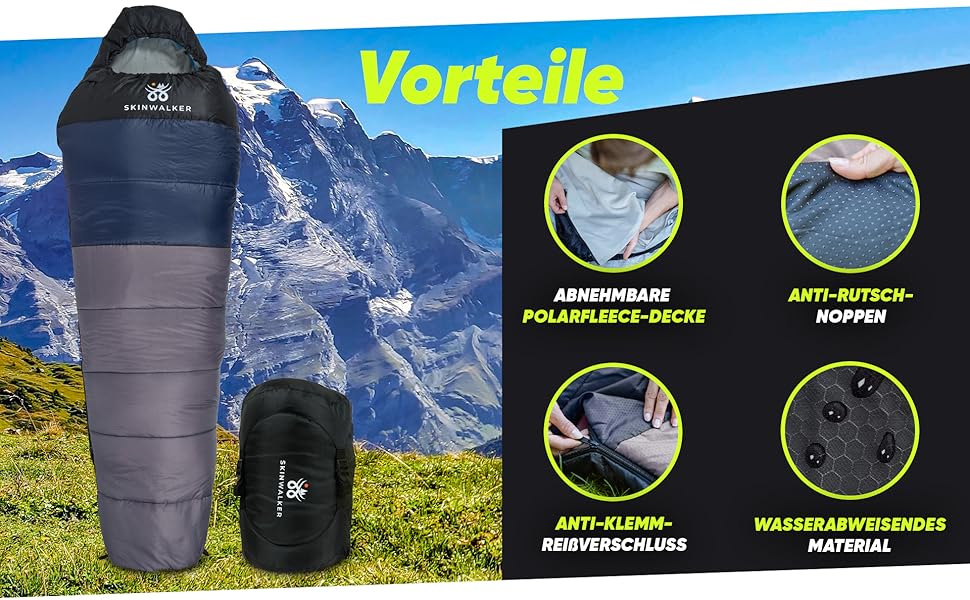 Спальний мішок SKINWALKER 3-4 сезони з знімним флісовим вкладишем, ультралегкий (-1600г), для кемпінгу та походів, м'який, зелений