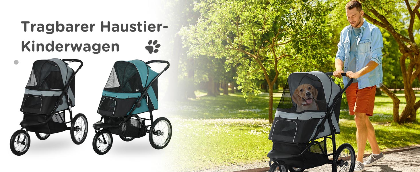 Візок для собак та котів PawHut - складаний, до 20 кг, з великими колесами, з килимком та сіткою, сірий