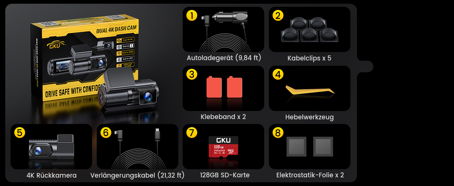 Автомобільний відеореєстратор GKU 4K+4K (передній та задній), сенсор STARVIS 2, HDR, нічна зйомка, чорний