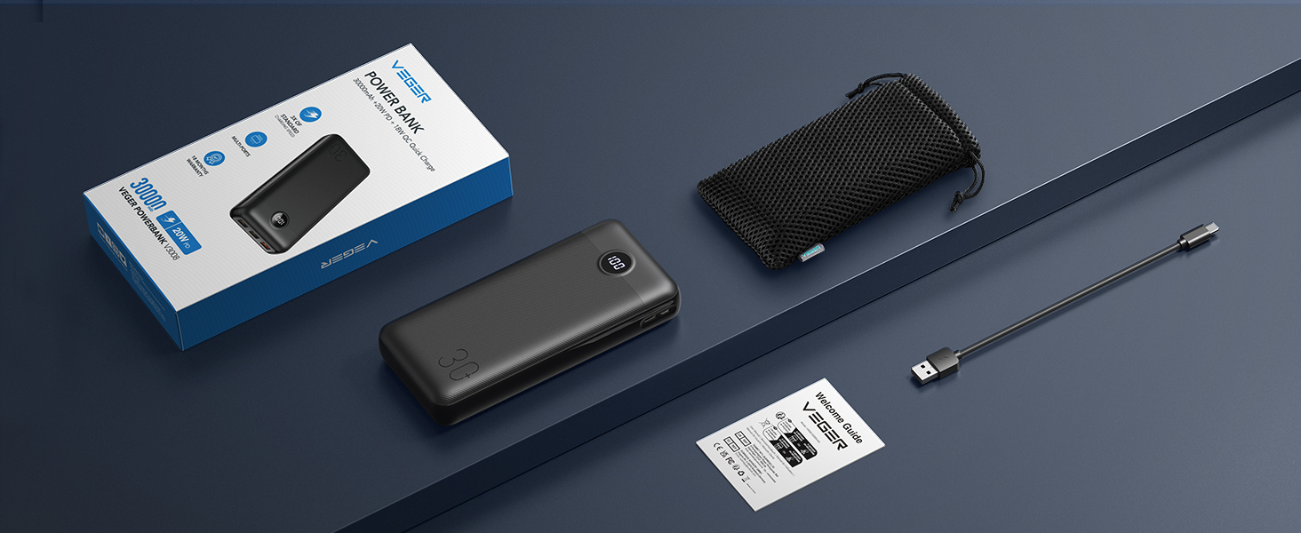 Power Bank VEGER 30000mAh 20W PD: Швидка зарядка, LED дисплей, 4 виходи, 2 входи, USB-C, сумісний з iPhone, iPad, планшетами