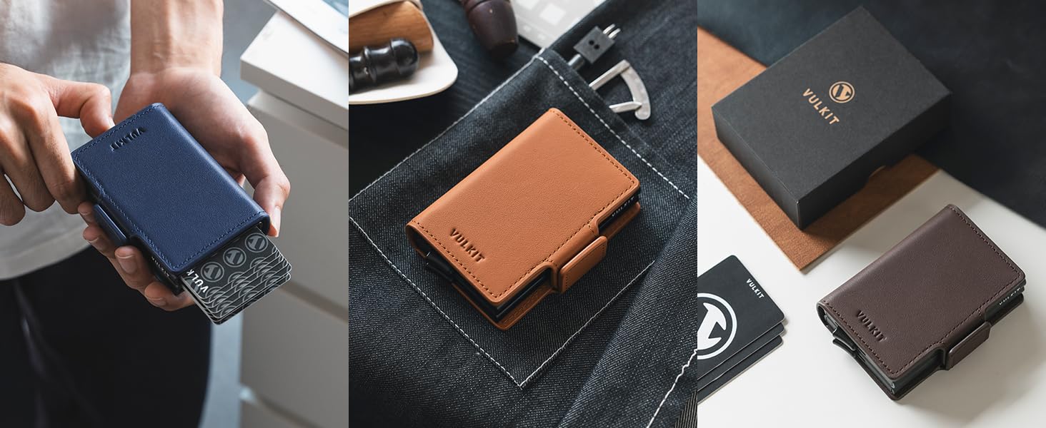 Чоловіче картхолдер VULKIT з RFID захистом: шкіряний гаманець для карток та грошей (справжня шкіра, темно-синій)