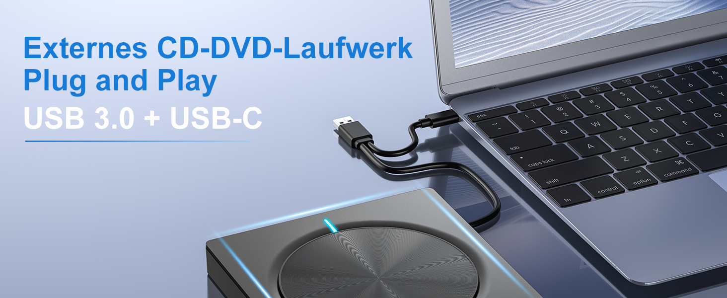 Зовнішній CD/DVD привід USB 3.0 та USB-C, оптичний накопичувач CD/DVD +/-RW ROM Brenner для ноутбука, ПК, MacBook, iMac (Windows, MacOS, Linux)