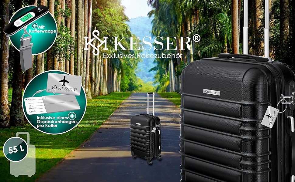 Валіза KESSER® на колесах, жорсткий ABS-кейс із замком, вага та багажна бірка, 55 см, 55 л, чорна