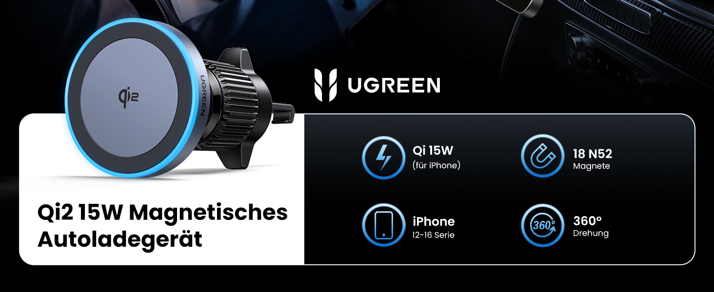 Автотримач для телефону UGREEN з MagSafe та зарядкою 15W (1M кабель) - сумісний з iPhone 17/17 Pro/17 Pro Max/16/15/14/13