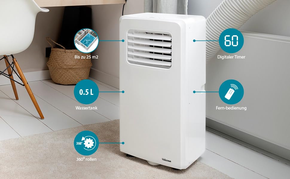 Мобільний кондиціонер Tristar AC-5477 з функцією охолодження, осушення та вентилятора, з пультом керування, 2 швидкості, 7000 BTU