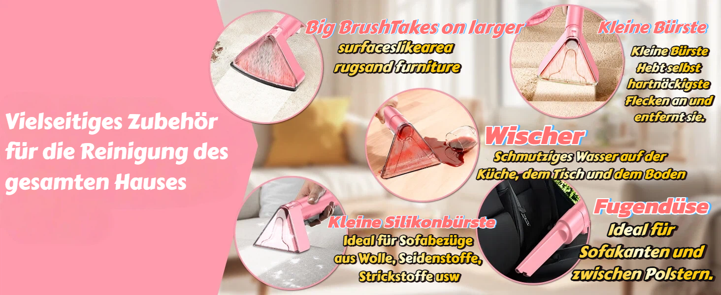 Портативний мийник для м'яких меблів 600W, 16Kpa, з розчином 500мл та 5 насадками. Для диванів, килимів, авто та сходин. Легкий та компактний, рожевий колір