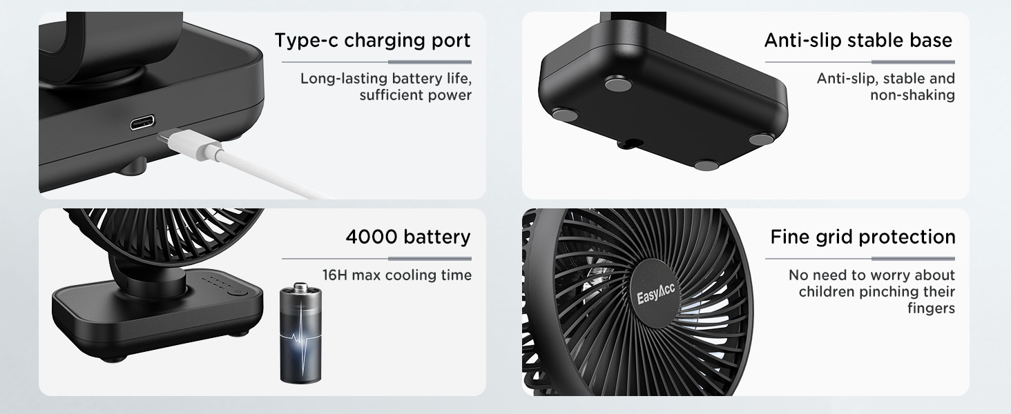 Портативний USB-вентилятор EasyAcc з акумулятором 4000 мАг, настільний зарядний вентилятор на 4 швидкості для офісу, дому та кемпінгу, чорний