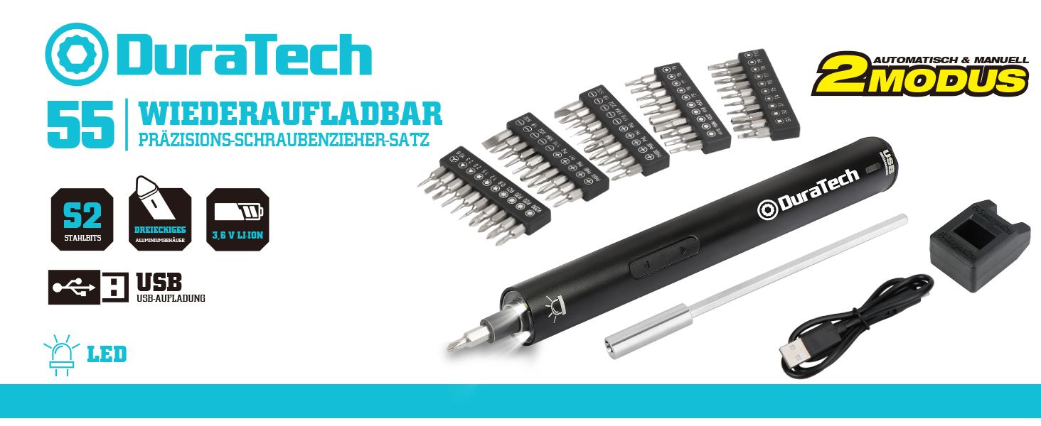 DURATECH Набір прецизійних електричних викруток з 50 бітами. Міні-набір електричних викруток 3,6 В з LED-підсвічуванням для годинників, ноутбуків, окулярів, іграшок. Ідеально для майстрів, DIY-ентузіастів та ремонту техніки.