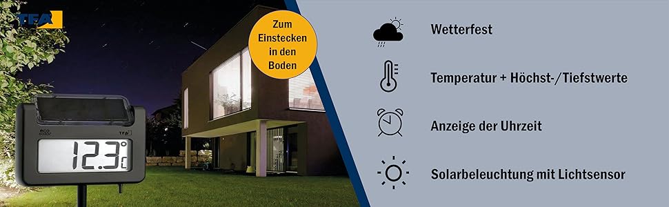 TFA Dostmann Avenue Digital Solar Garden Thermometer, 30.2026, with Light Sensor, Time Display, High/Low Values, Height 1145mm, Silver