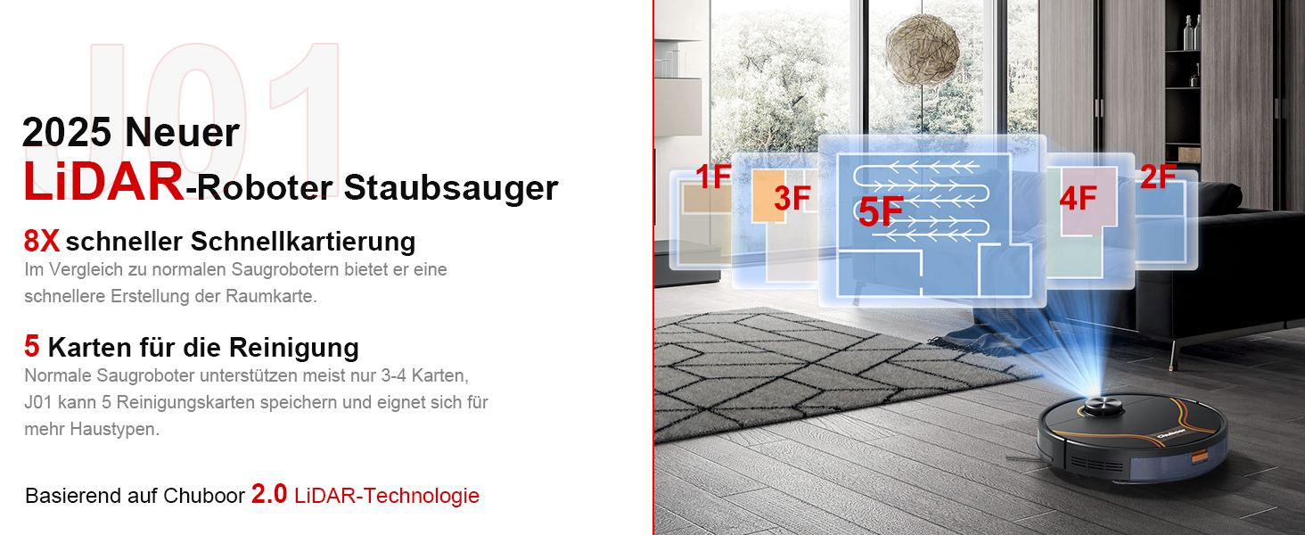 Робот-пилосос Chuboor з функцією миття 3 в 1, 6500Pa, LiDAR навігація, керування через додаток/WiFi/Alexa, автозарядка, 150 хв роботи, для шерсті тварин, килимів та твердих підлог, чорний