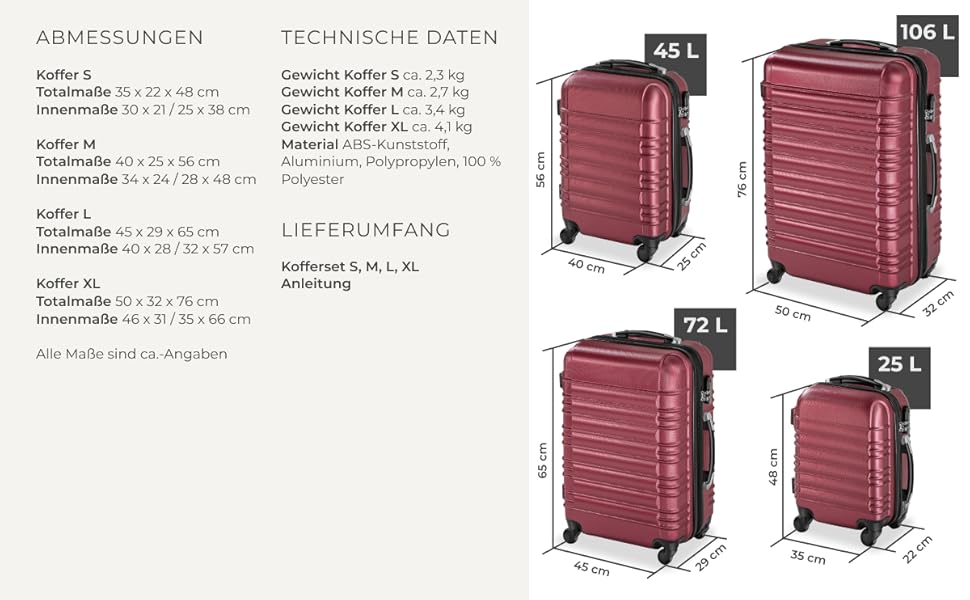 Набір валіз Tectake® 4 шт. з TSA замком, жорсткий корпус, телескопічна ручка, 4 колеса, 360° обертання, зелений (вишневий)