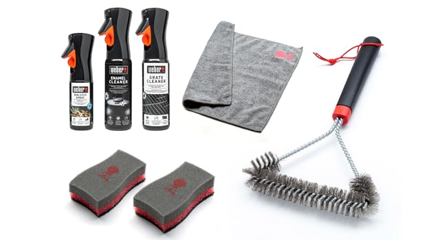 Weber Grill Cleaning Set for Enamel Grills, includes: 3 Grill Brushes, Grill Grate & Enamel Cleaner (300ml each), Non-Stick Spray 200ml, Microfiber Cloth, Scraper, 2 Cleaning Sponges (18284)