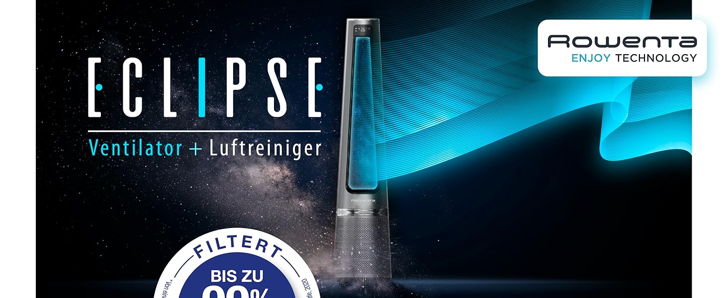 Вентилятор-повітроочисник Rowenta Eclipse QU5030 2-в-1 | Повітряний фільтр, 12 швидкостей, таймер, пульт керування, антрацит