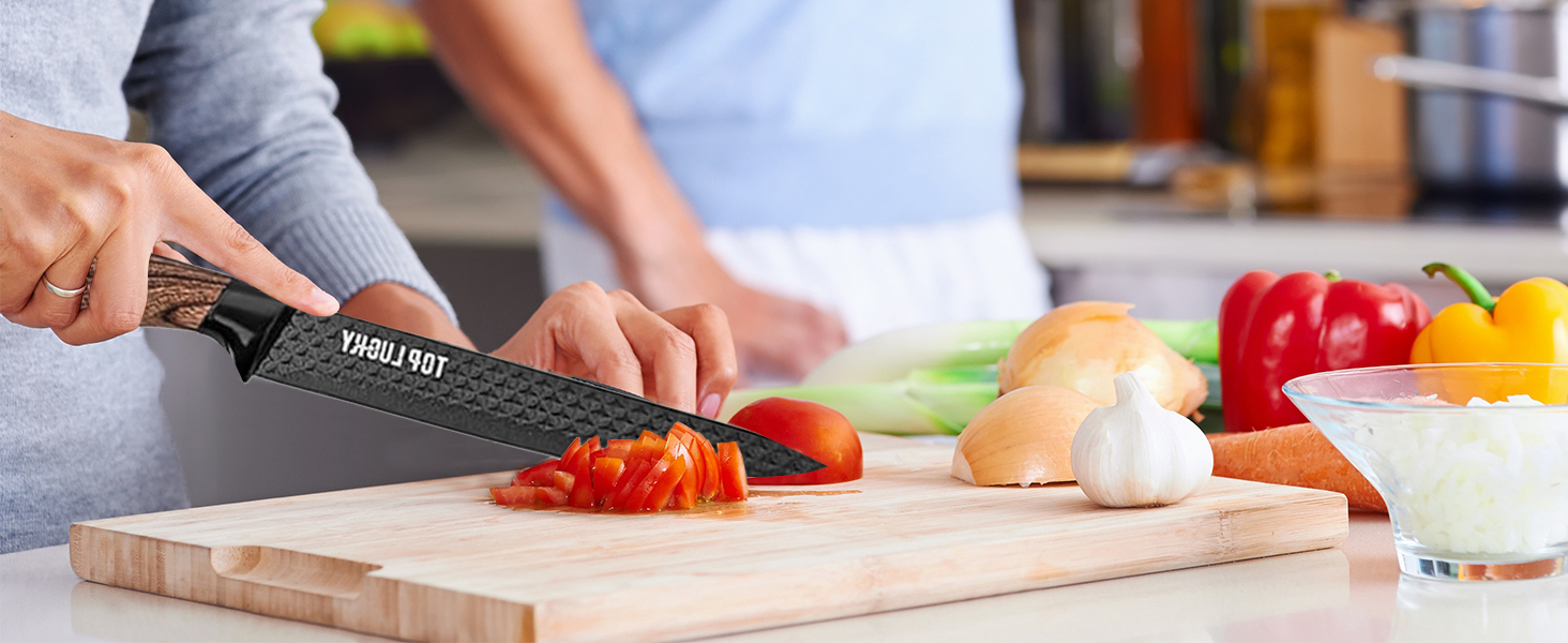 Набір кухонних ножів, 6 предметів, чорний, гострий, з антипригарним покриттям, нержавіюча сталь, з підставкою для ножів (чорний)