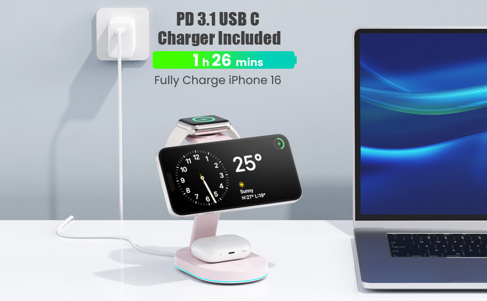 Бездротова зарядка 3-в-1 з MagSafe, USB-C, для iPhone 16/15/14/13/12, Apple Watch та AirPods, з нічним світлом (Рожева)
