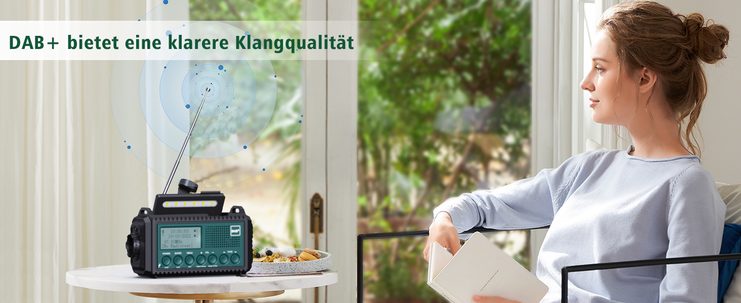 Радіоприймач Kurbelradio з DAB+/DAB/UKW, акумулятор 5000mAh, ліхтарик та світло для читання, FM, USB зарядка для телефону, динамо, SOS-сигнал, для кемпінгу та подорожей, Bluetooth, блакитний