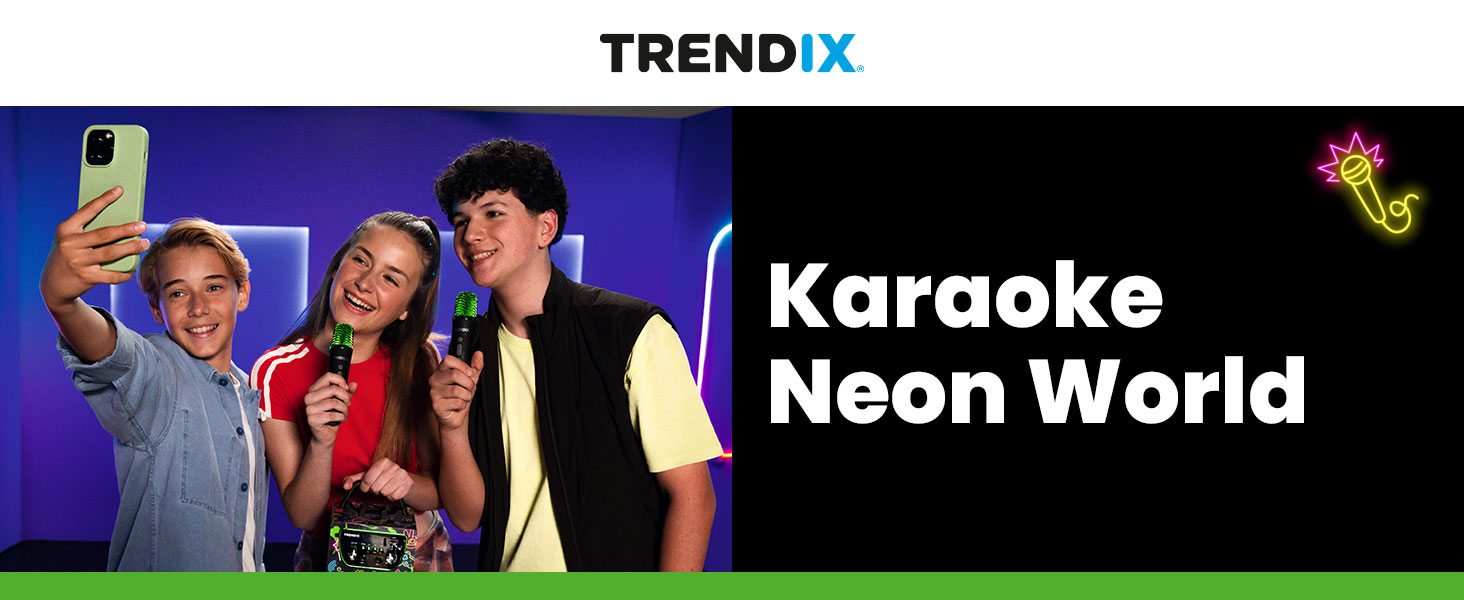 Дитячий караоке-апарат Trendix Neon World: Рожева караоке-система з 2 мікрофонами, FM-радіо, USB, Bluetooth, SD-картою. Музична скринька з мікрофоном - ідеальний подарунок!