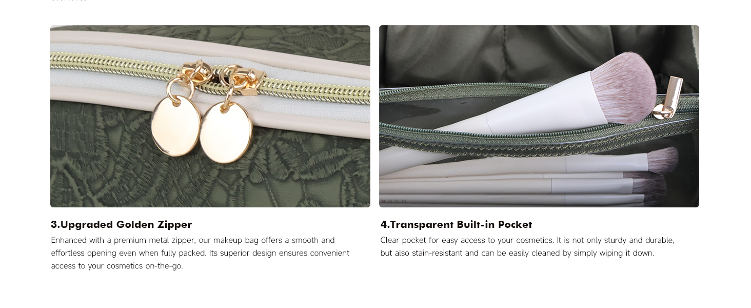 Косметичка для подорожей великого об'єму з прозорими перегородками, зелена квітка, водонепроникна, з PU-шкіри