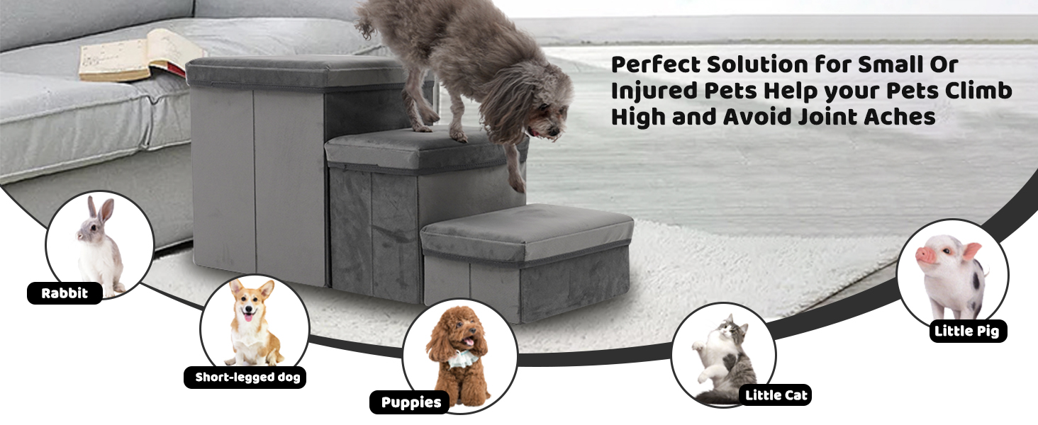 Сходинки для собак на 3 сходинки, 44 см, з місцем для зберігання. Підходить для маленьких собак та котів, зручні для літніх тварин (сірий)