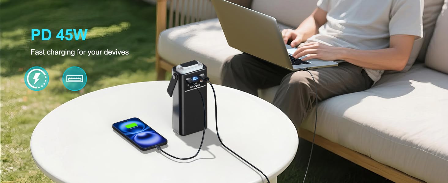 Power Bank 50000mAh з кабелем, швидка зарядка USB-C PD20W/QC22.5W, LED-індикатор, 2 входи/5 виходів, для телефонів, планшетів, подорожей, кемпінгу - Чорний