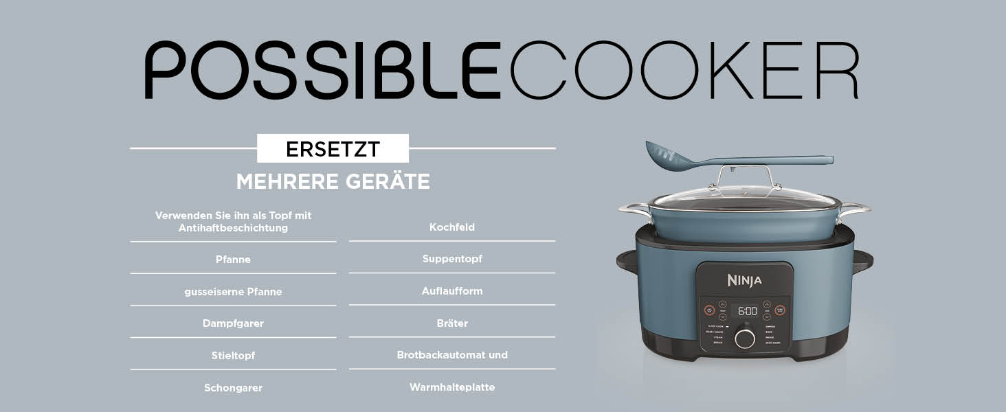 Ninja Foodi PossibleCooker 8 л: мультиварка 8-в-1, мультикочер, сковорода, пароварка, для 8 порцій, сірий колір, MC1001EU
