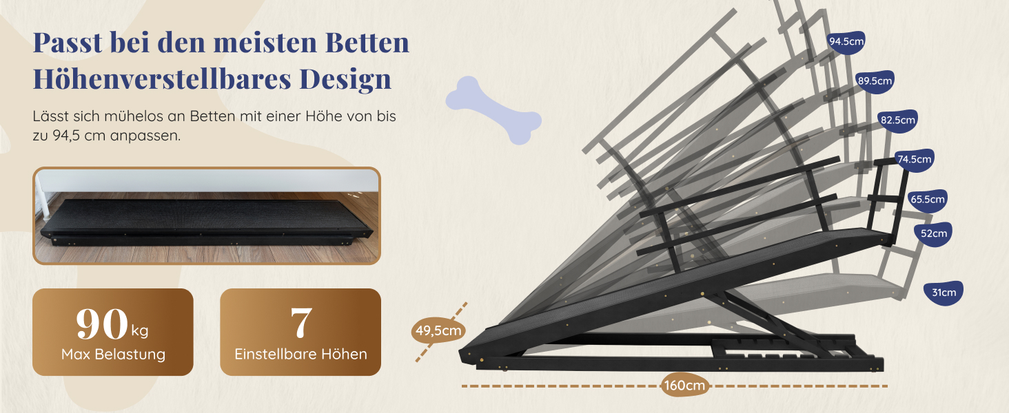 Сходинки для собак до ліжка з поручнями - для великих собак до 90 кг - регульована висота до 94.5 см - ширина 49.5 см - складані - з антиковзним покриттям - з берези - натуральний колір (чорний)