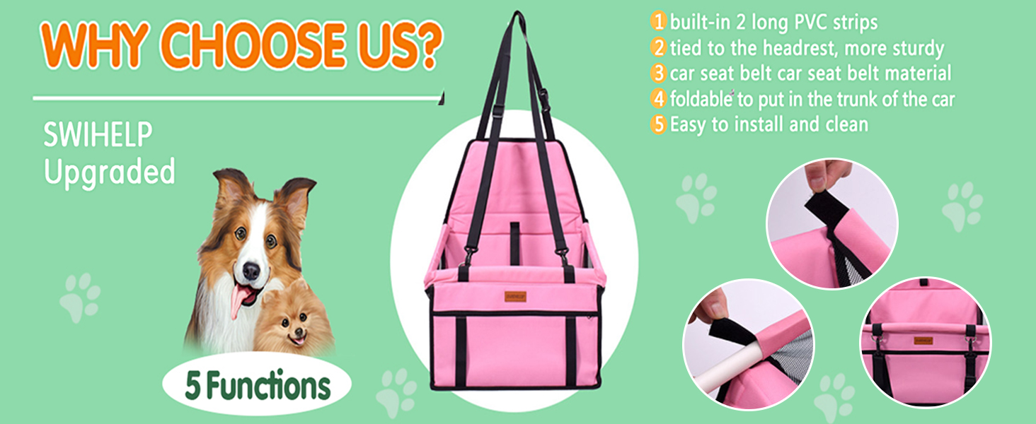 Автокрісло для собак - автокрісло для маленьких собак з ременем, водонепроникне, стабільне, для заднього та переднього сидіння, рожеве (з PVC-трубою)